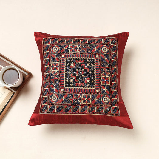 Red - Kutch Pakko Hand Embroidery Silk Cushion Cover (16 x 16 in)