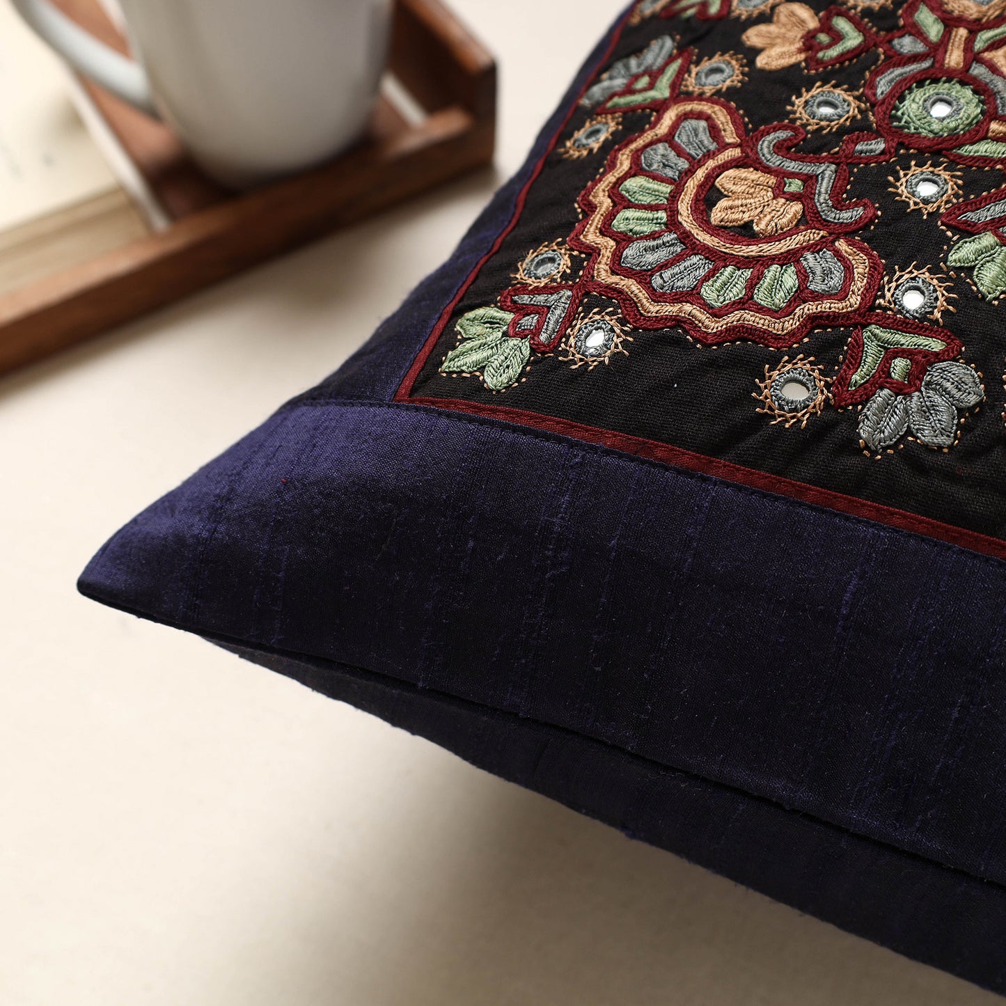 Blue - Kutch Pakko Hand Embroidery Silk Cushion Cover (16 x 16 in)