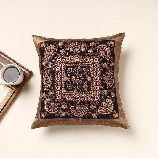 Brown - Kutch Pakko Hand Embroidery Silk Cushion Cover (16 x 16 in)