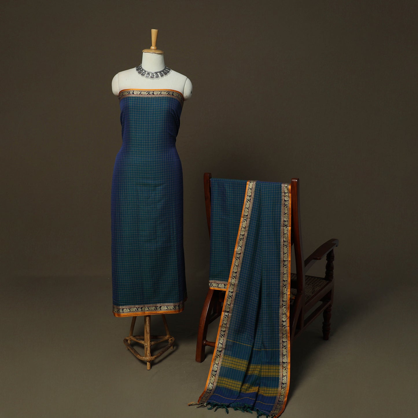 Dharwad Checks Mercerised Cotton 3pc Unstitched Dress Material Suit Set with Woven Border 05