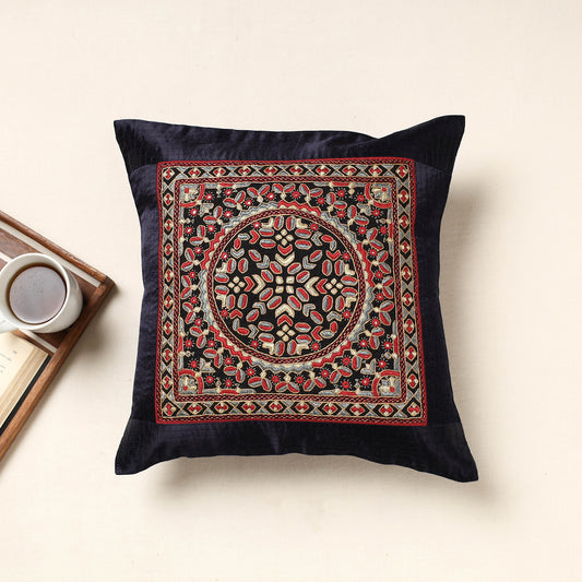 Black - Kutch Pakko Hand Embroidery Mashru Silk Cushion Cover (16 x 16 in)