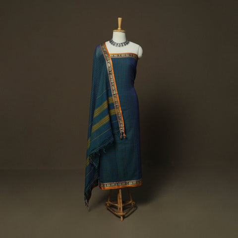 Blue - Dharwad Checks Mercerised Cotton 3pc Unstitched Dress Material Suit Set with Woven Border 05