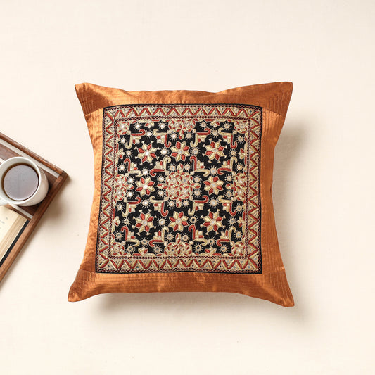 Brown - Kutch Pakko Hand Embroidery Mashru Silk Cushion Cover (16 x 16 in)