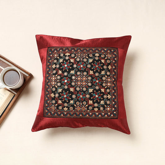 Red - Kutch Pakko Hand Embroidery Mashru Silk Cushion Cover (16 x 16 in)