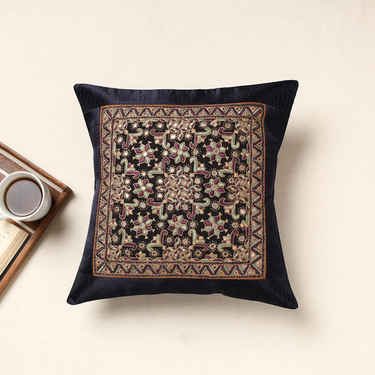 Blue - Kutch Pakko Hand Embroidery Mashru Silk Cushion Cover (16 x 16 in)