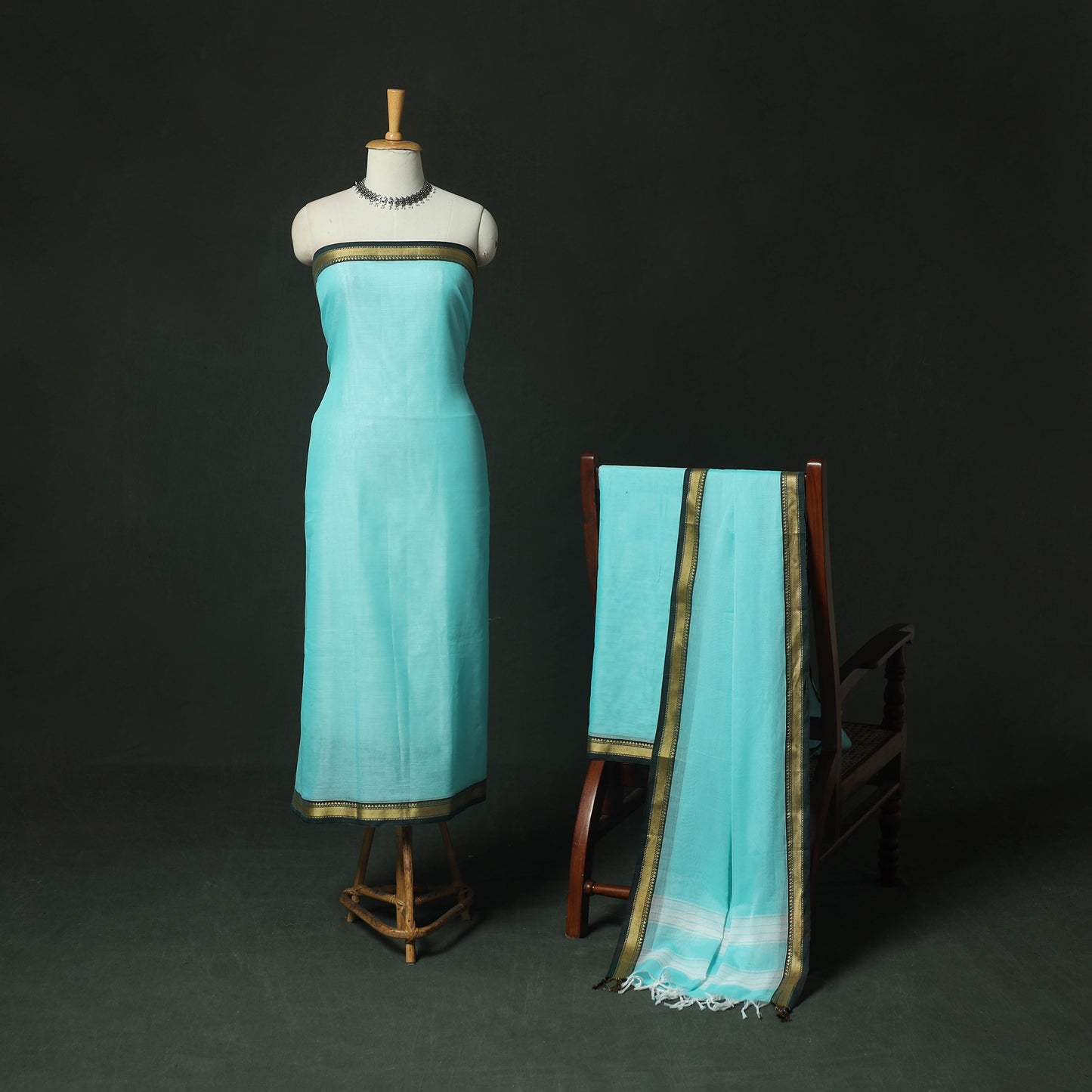 Blue - Dharwad Woven Mercerised Cotton 3pc Unstitched Dress Material Suit Set 22