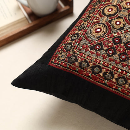 Black - Kutch Pakko Hand Embroidery Silk Cushion Cover (16 x 16 in)