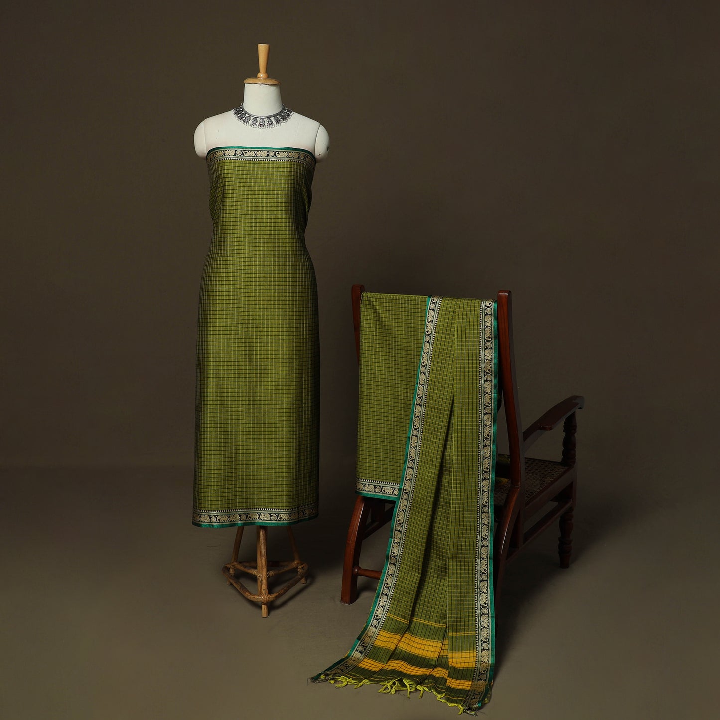 Dharwad Checks Mercerised Cotton 3pc Unstitched Dress Material Suit Set with Woven Border 08
