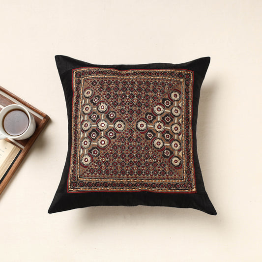 Black - Kutch Pakko Hand Embroidery Silk Cushion Cover (16 x 16 in)