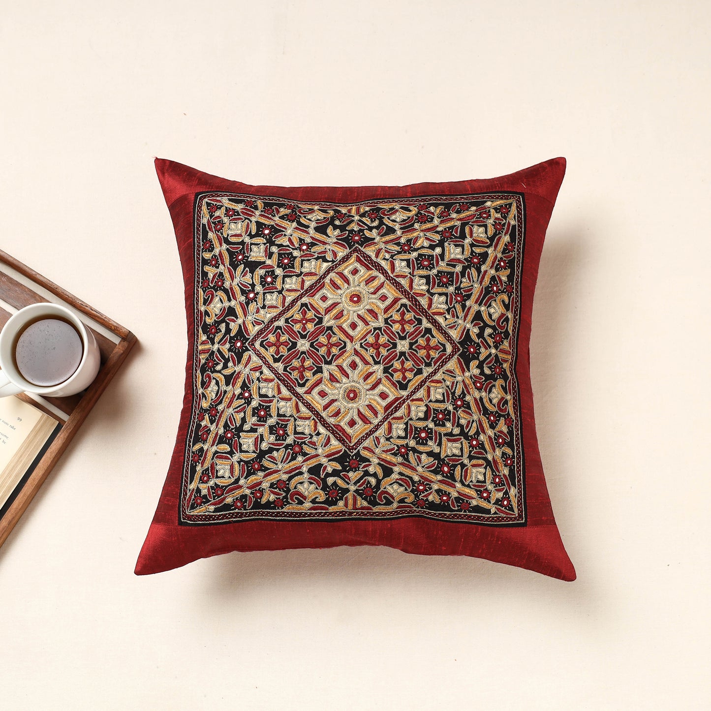 Red - Kutch Pakko Hand Embroidery Silk Cushion Cover (16 x 16 in)