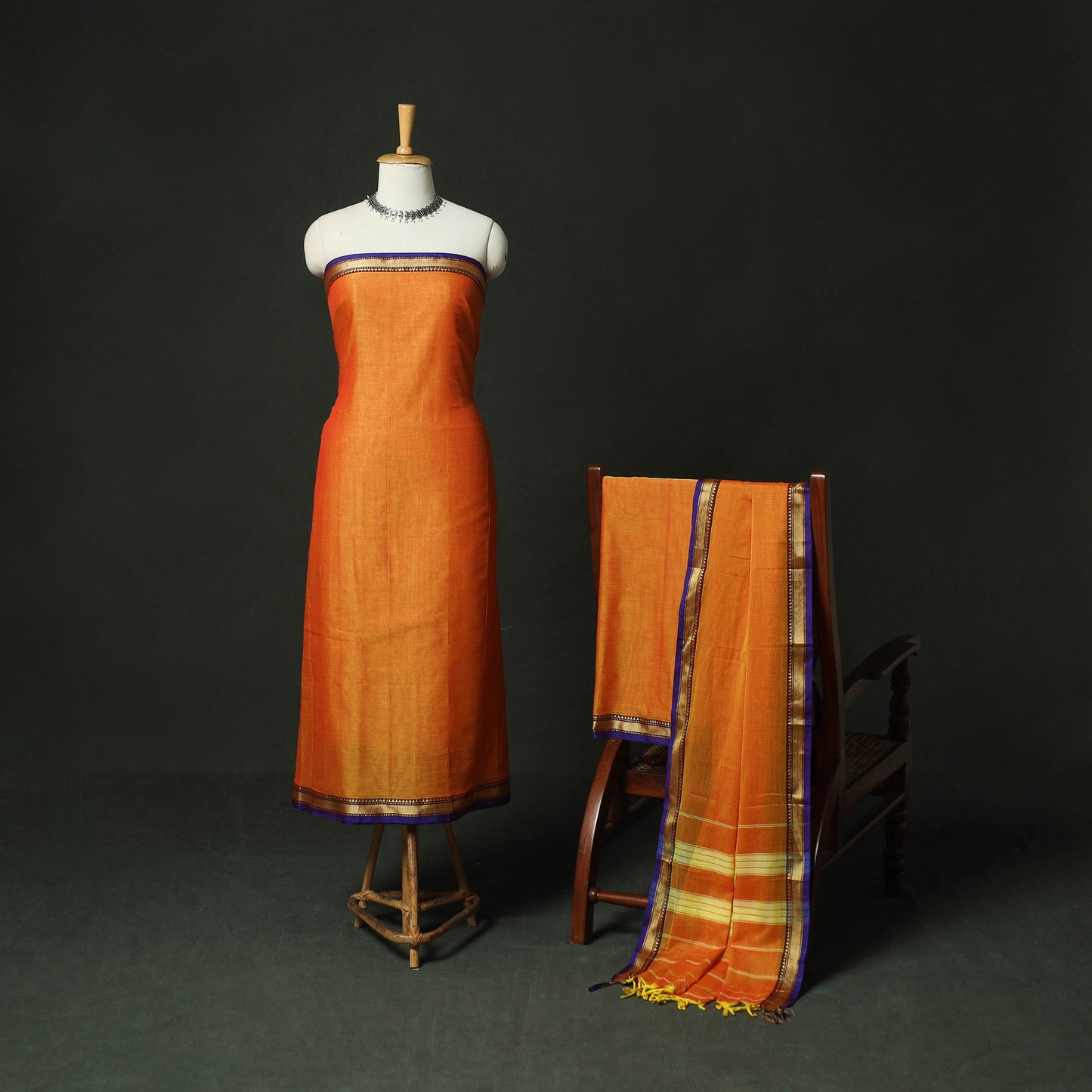 Orange - Dharwad Woven Mercerised Cotton 3pc Unstitched Dress Material Suit Set 23