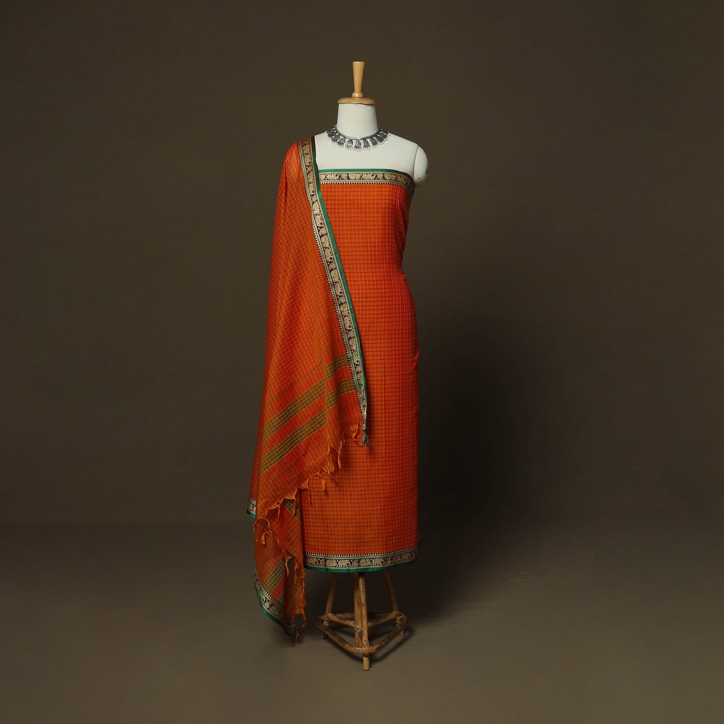 Dharwad Checks Mercerised Cotton 3pc Unstitched Dress Material Suit Set with Woven Border 09