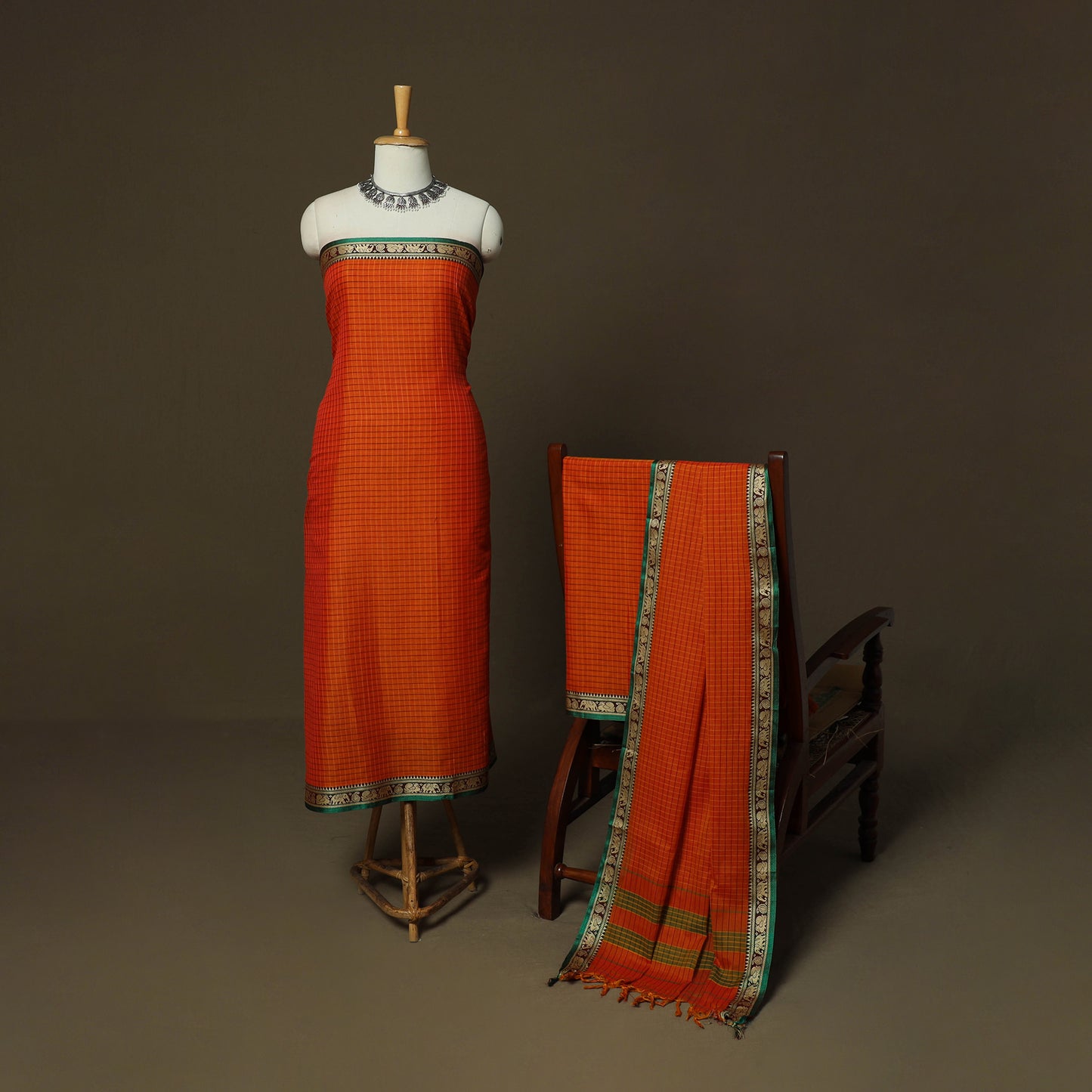 Dharwad Checks Mercerised Cotton 3pc Unstitched Dress Material Suit Set with Woven Border 09