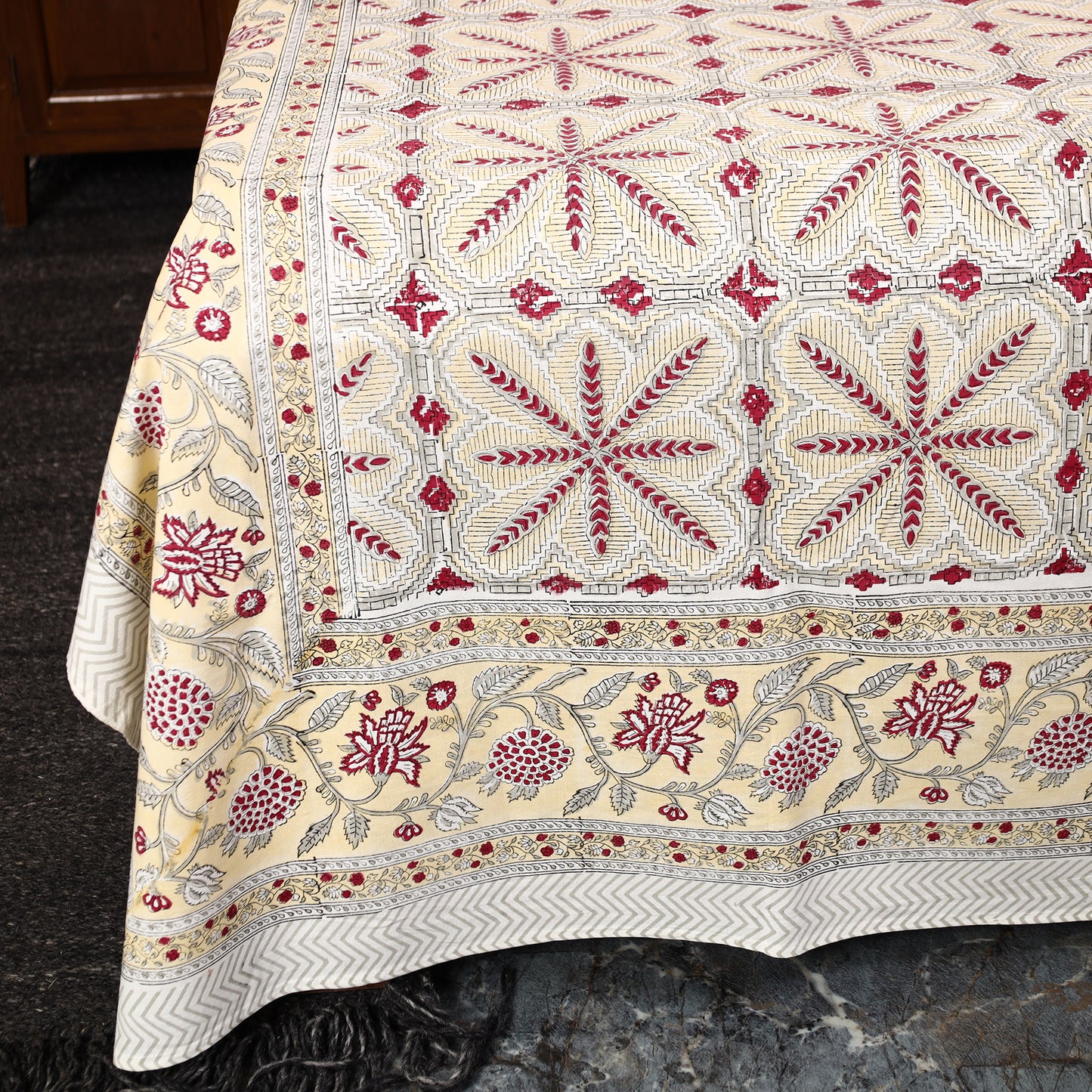 Yellow - Sanganeri Block Printed Cotton Double Bed Cover with Pillow Covers (90 x 108 in) 38