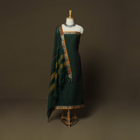 Green - Dharwad Checks Mercerised Cotton 3pc Unstitched Dress Material Suit Set with Woven Border 10