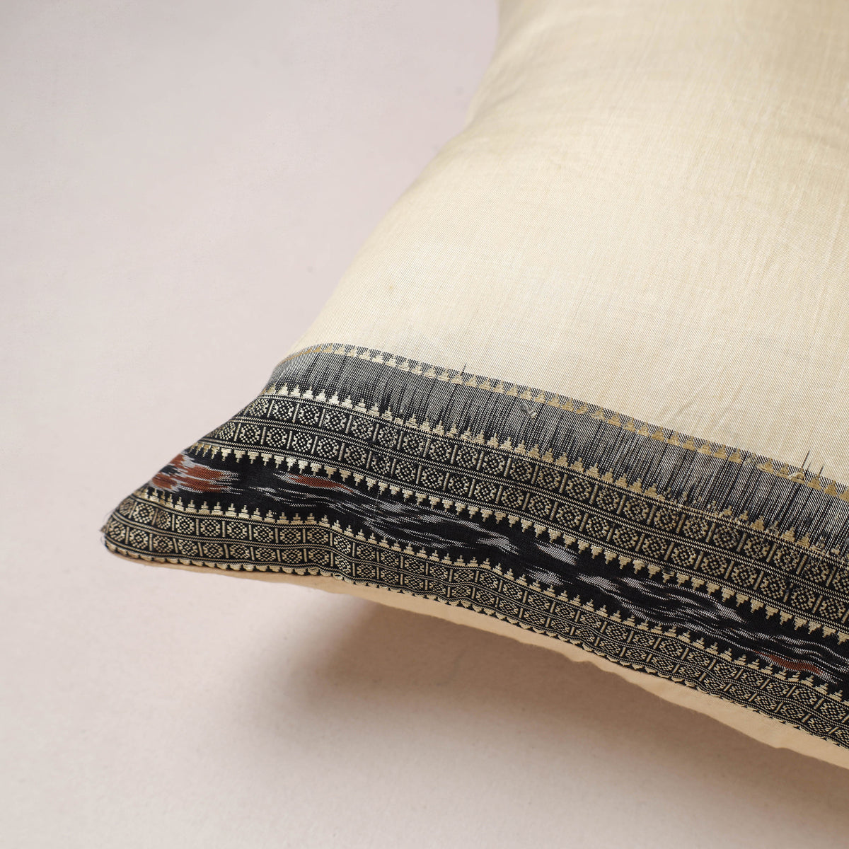 Plain Chanderi Silk Cushion Cover with Ikat Border (16 x 16 in)  386