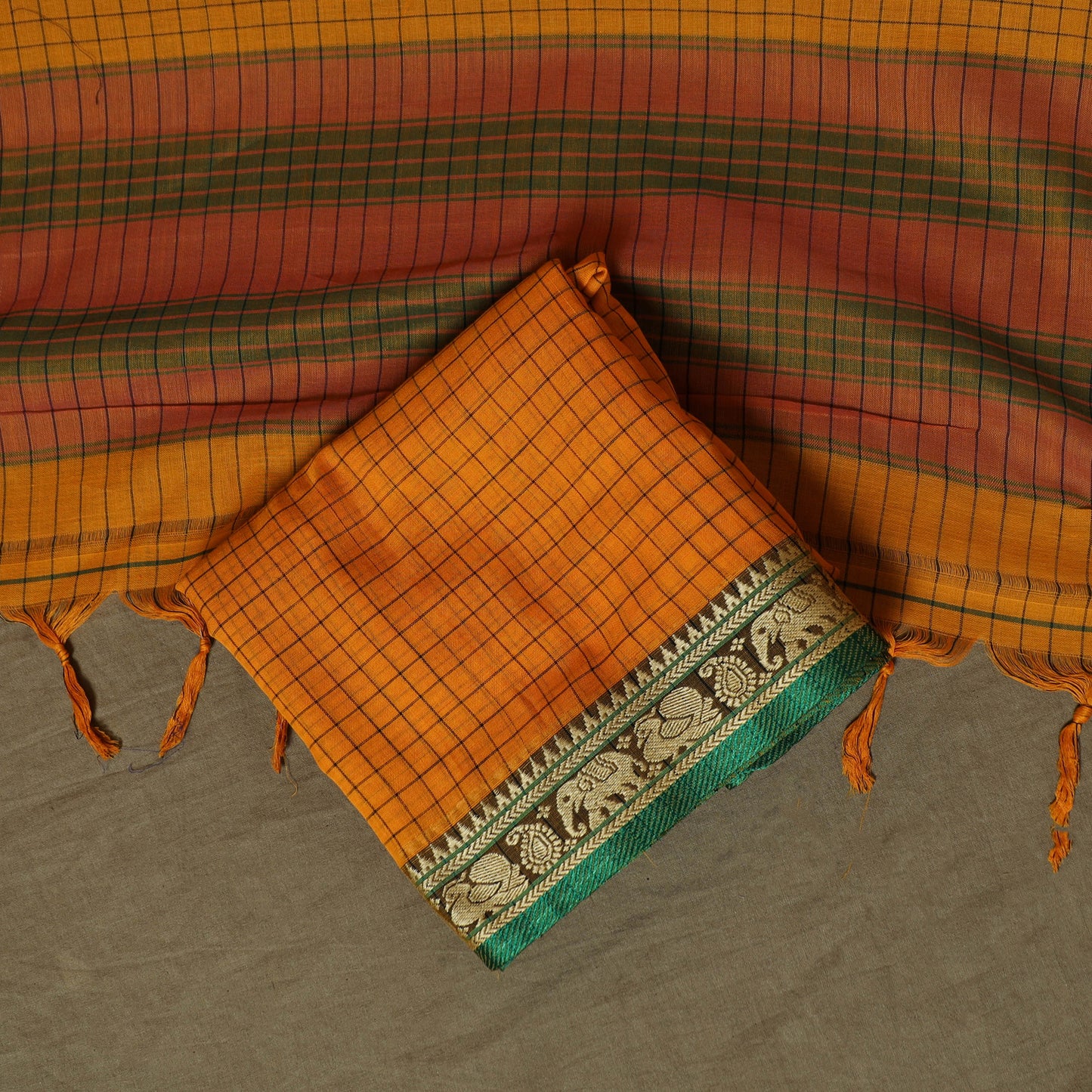 Dharwad Checks Mercerised Cotton 3pc Unstitched Dress Material Suit Set with Woven Border 11