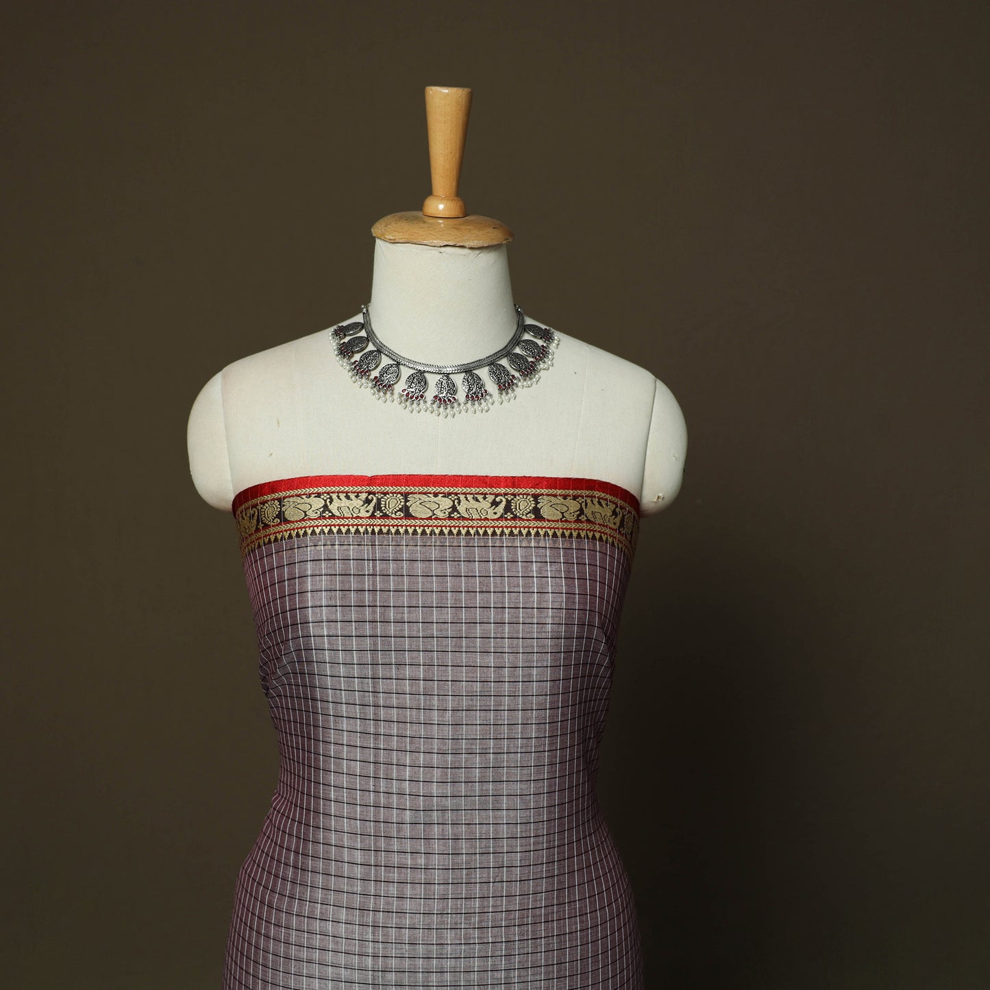 Dharwad Checks Mercerised Cotton 3pc Unstitched Dress Material Suit Set with Woven Border 12