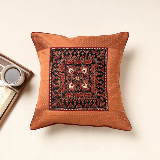 Orange - Kutch Pakko Bherni Hand Embroidery Mashru Silk Cushion Cover (16 x 16 in)
