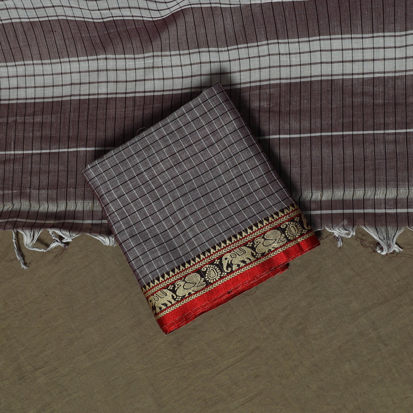 Dharwad Checks Mercerised Cotton 3pc Unstitched Dress Material Suit Set with Woven Border 12