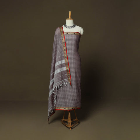 Grey - Dharwad Checks Mercerised Cotton 3pc Unstitched Dress Material Suit Set with Woven Border 12