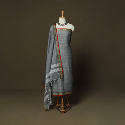 Dharwad Checks Mercerised Cotton 3pc Unstitched Dress Material Suit Set with Woven Border 13