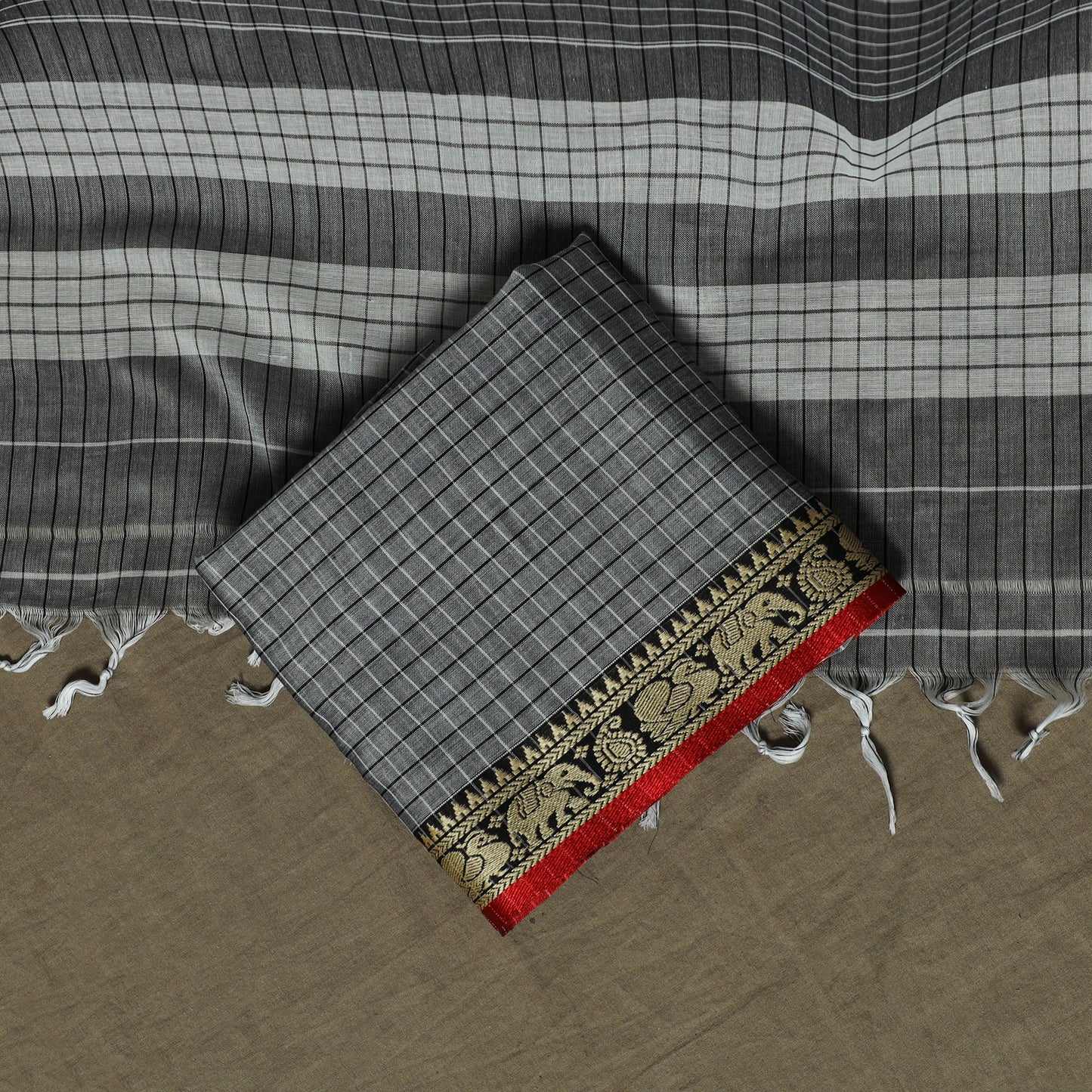 Dharwad Checks Mercerised Cotton 3pc Unstitched Dress Material Suit Set with Woven Border 13