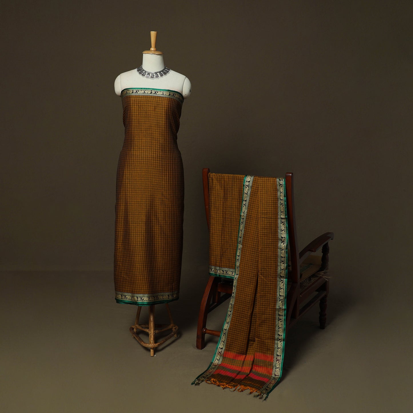 Dharwad Checks Mercerised Cotton 3pc Unstitched Dress Material Suit Set with Woven Border 15