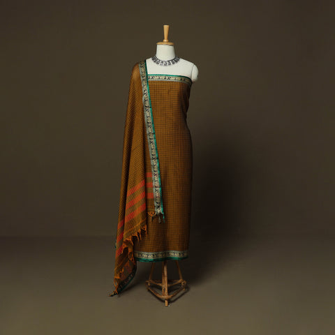 Brown - Dharwad Checks Mercerised Cotton 3pc Unstitched Dress Material Suit Set with Woven Border 15