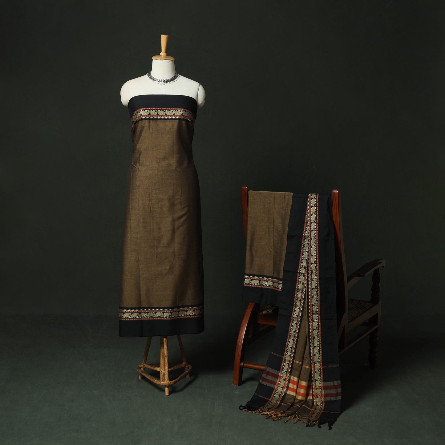 Brown - Dharwad Woven Mercerised Cotton 3pc Unstitched Dress Material Suit Set 28