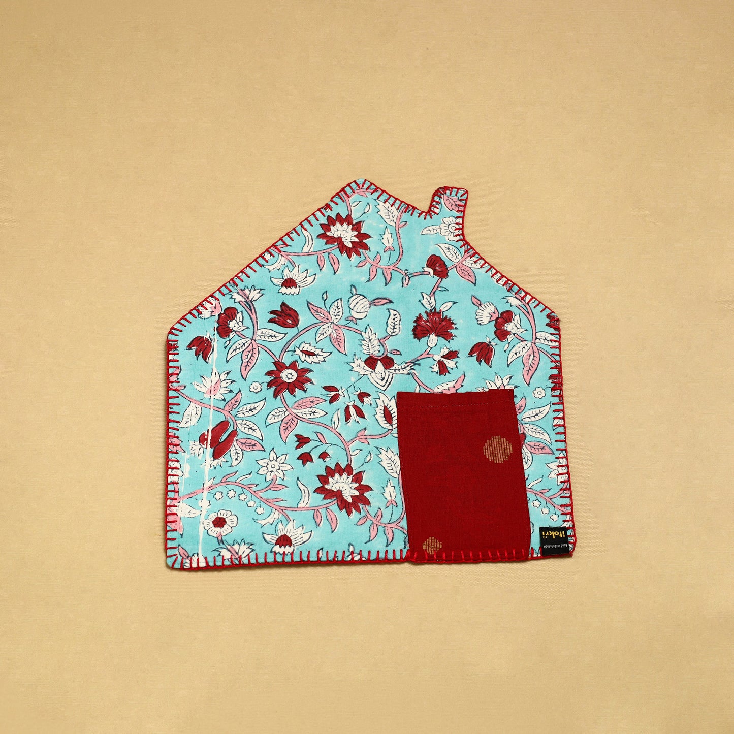 Light Blue - Hand Embroidered Floral Cotton Pot Holder with Pocket 10