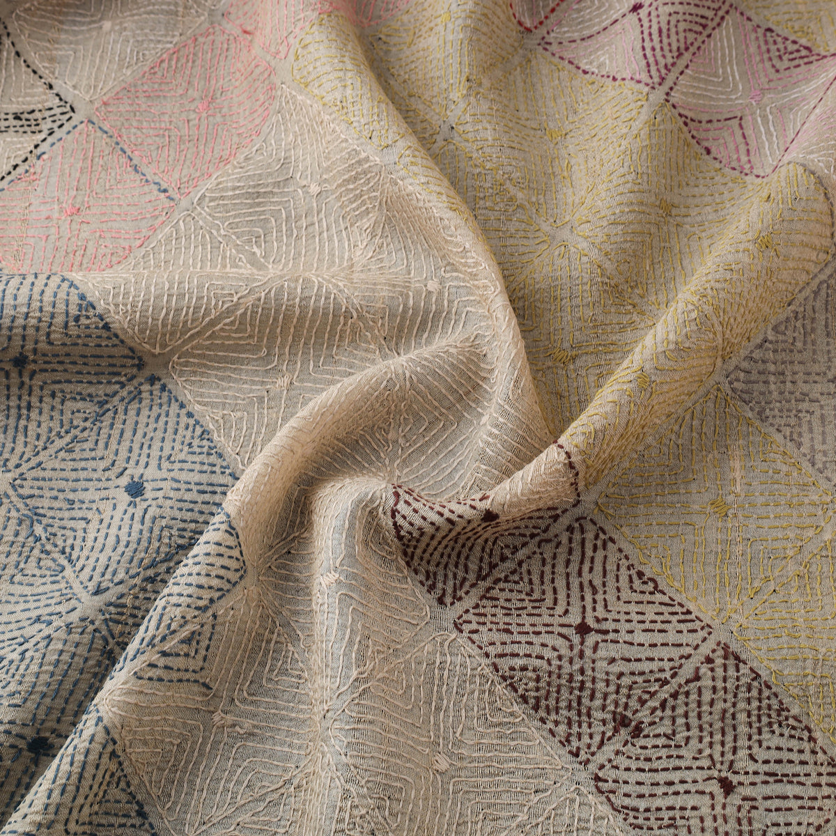 Hand Embroidered Pure Tussar Silk Handloom Kantha Fabric of Bengal 07