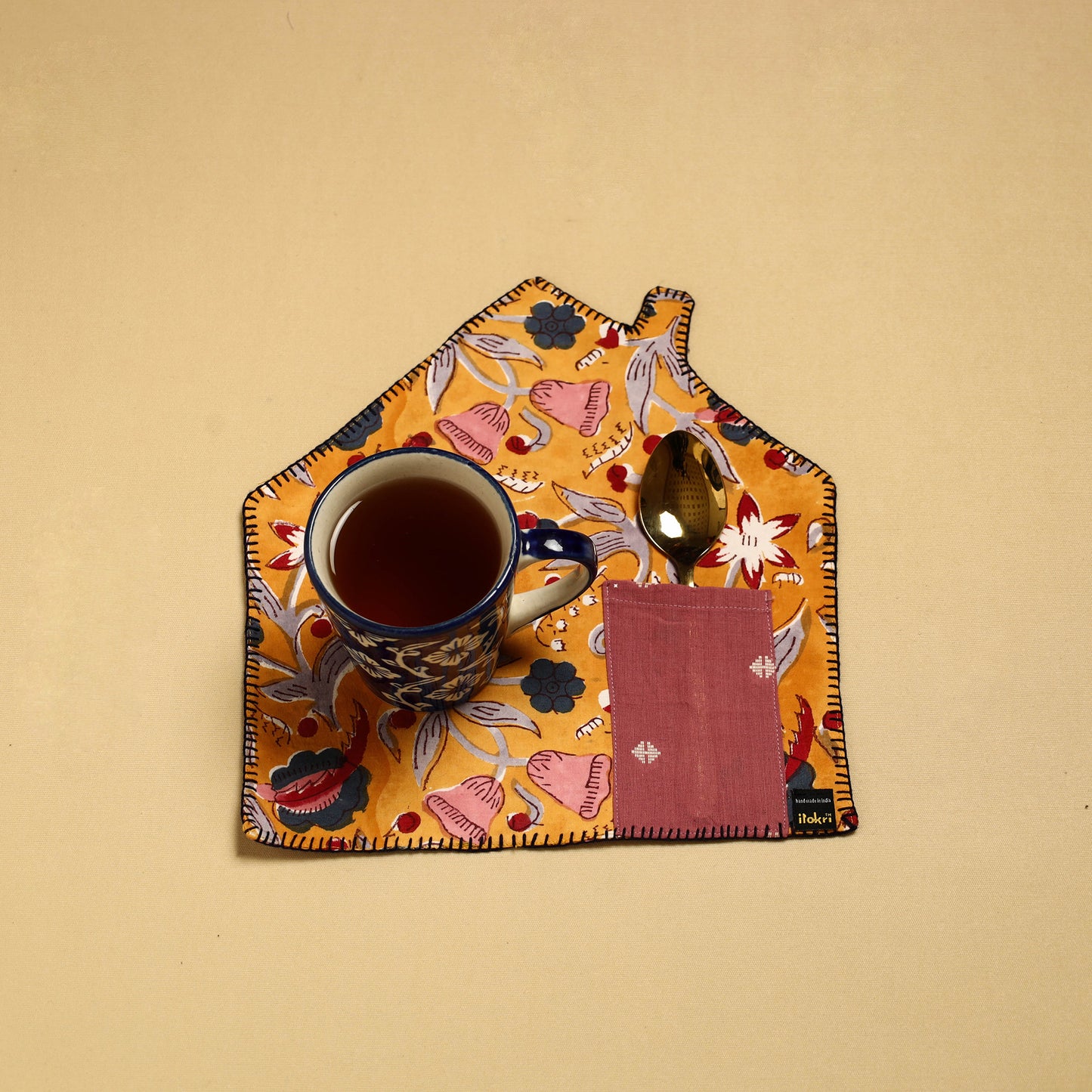 Yellow - Hand Embroidered Floral Cotton Pot Holder with Pocket 12