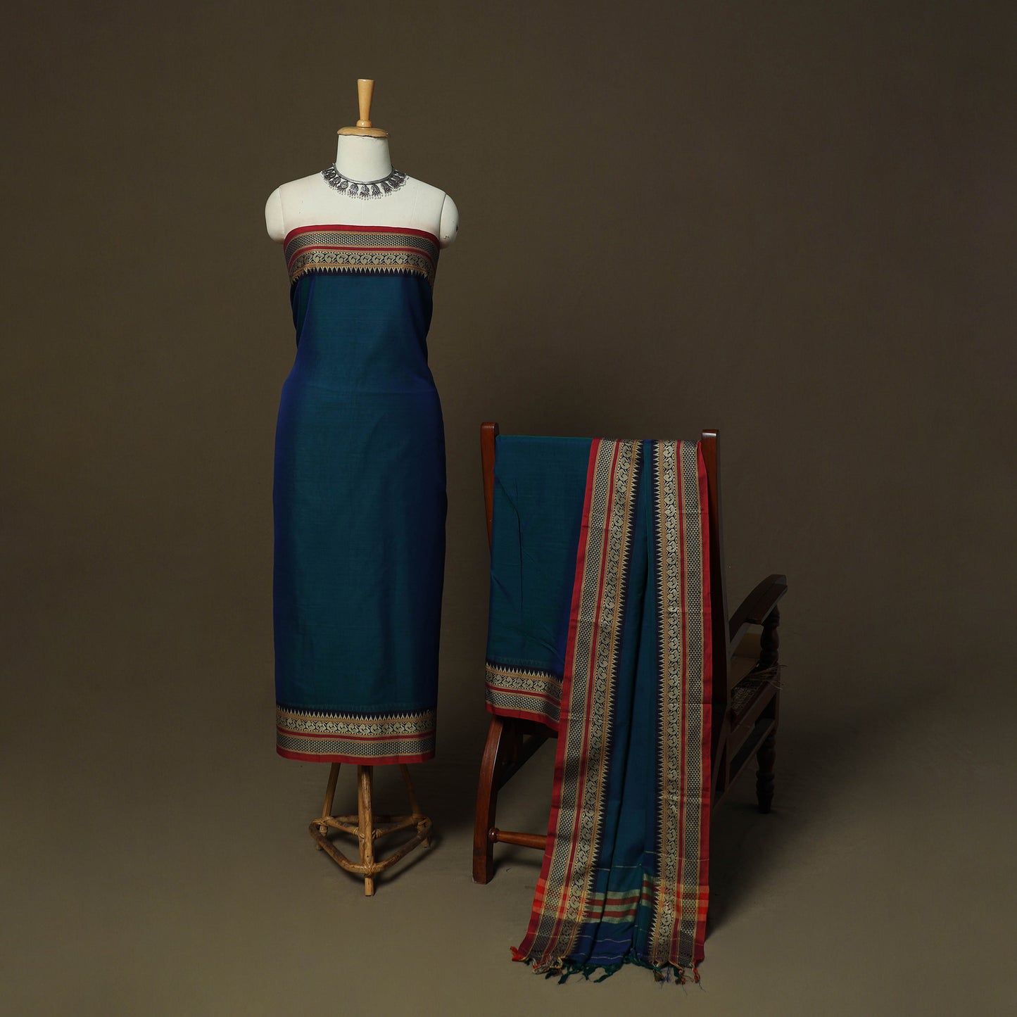 Dharwad Mercerised Cotton 3pc Unstitched Dress Material Suit Set with Woven Border 19