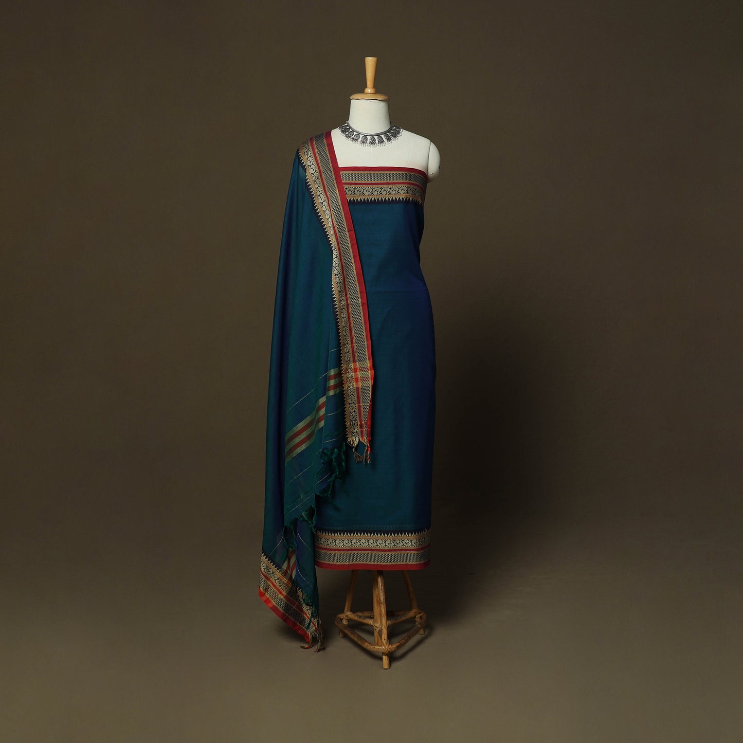 Dharwad Mercerised Cotton 3pc Unstitched Dress Material Suit Set with Woven Border 19