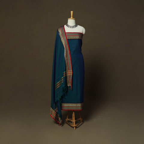 Blue - Dharwad Mercerised Cotton 3pc Unstitched Dress Material Suit Set with Woven Border 19