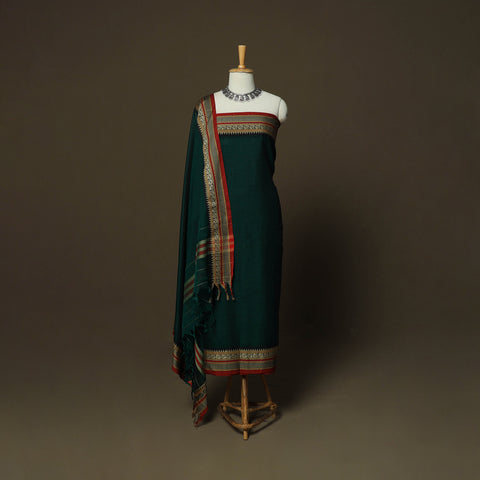 Green - Dharwad Mercerised Cotton 3pc Unstitched Dress Material Suit Set with Woven Border 22