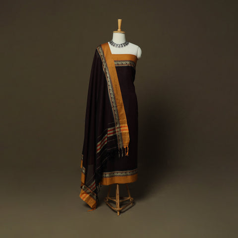 Brown - Dharwad Mercerised Cotton 3pc Unstitched Dress Material Suit Set with Woven Border 25