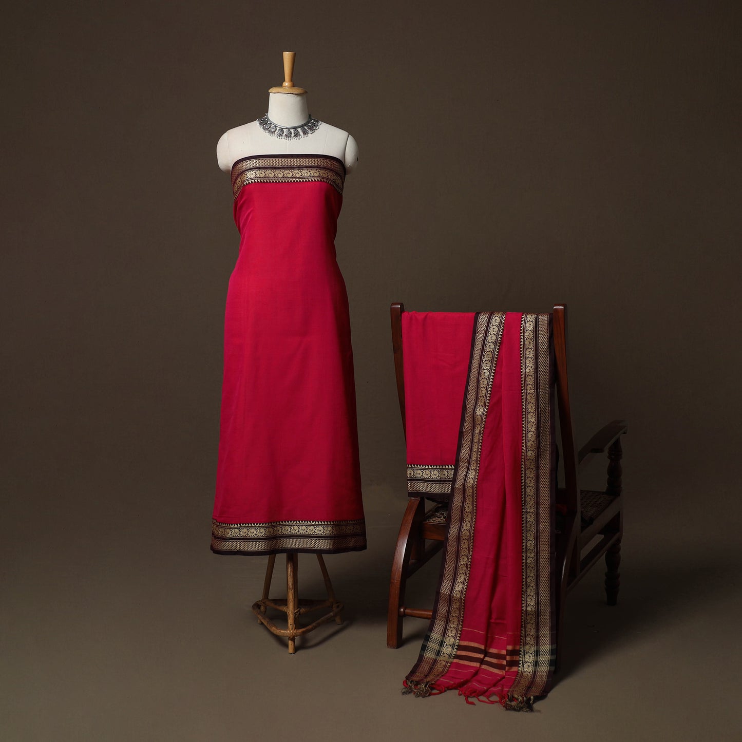 Dharwad Mercerised Cotton 3pc Unstitched Dress Material Suit Set with Woven Border 27