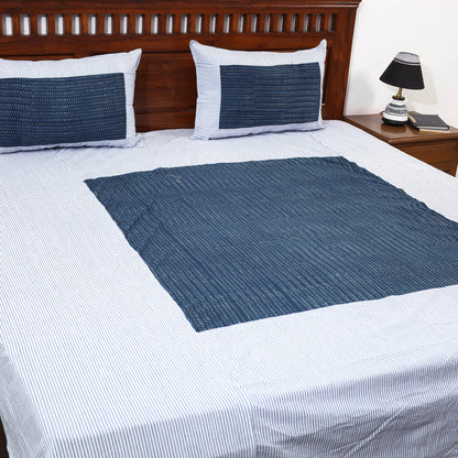 White - Plain Cotton Double Bed Cover with Block Print Patchwork (94 x 89 In)