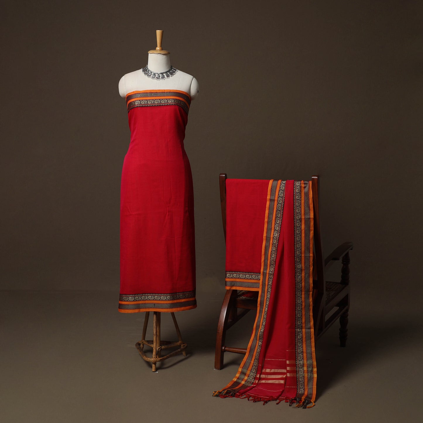 Red - Dharwad Mercerised Cotton 3pc Unstitched Dress Material Suit Set with Woven Border 20