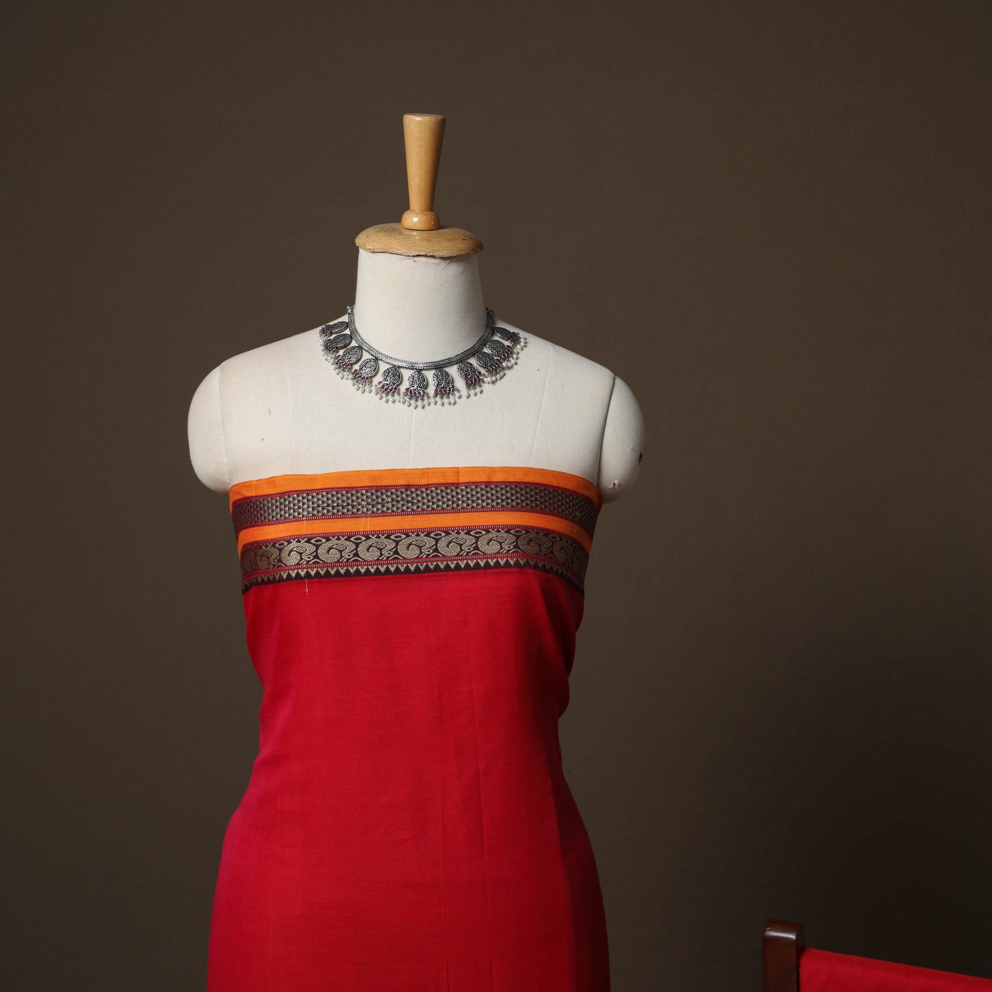Red - Dharwad Mercerised Cotton 3pc Unstitched Dress Material Suit Set with Woven Border 20