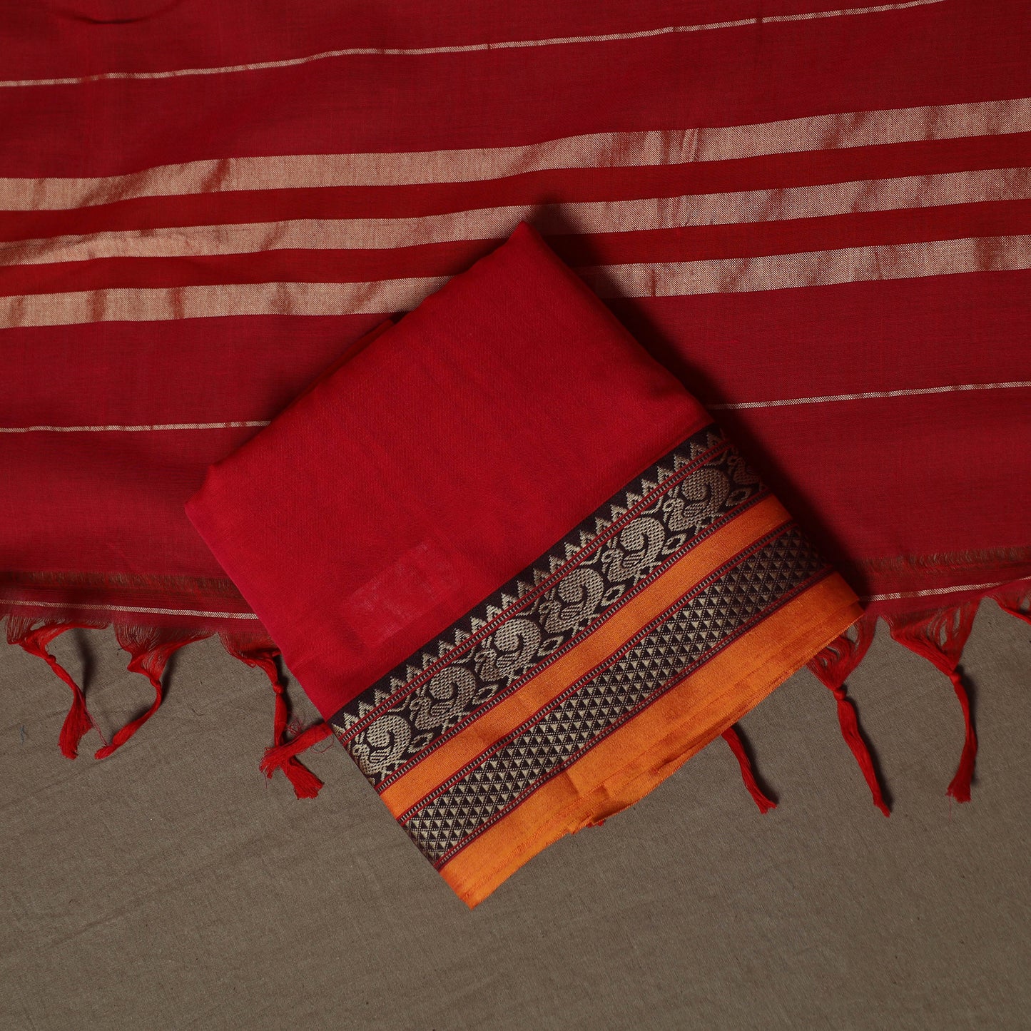 Red - Dharwad Mercerised Cotton 3pc Unstitched Dress Material Suit Set with Woven Border 20