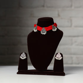 Red - thread work german silver necklace set 04