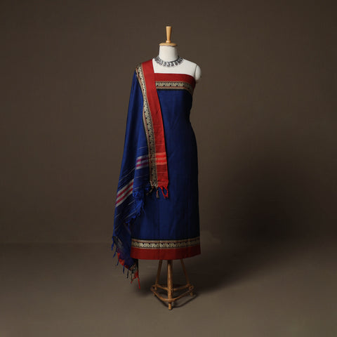 Blue - Dharwad Mercerised Cotton 3pc Unstitched Dress Material Suit Set with Woven Border 30