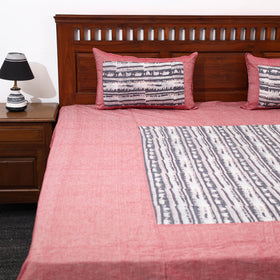 Pink - Plain Cotton Double Bed Cover with Block Print Patchwork (94 x 89 In)