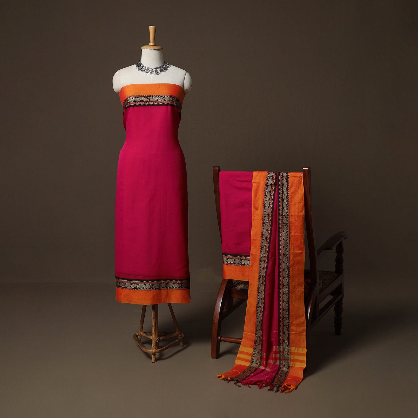 Dharwad Mercerised Cotton 3pc Unstitched Dress Material Suit Set with Woven Border 33