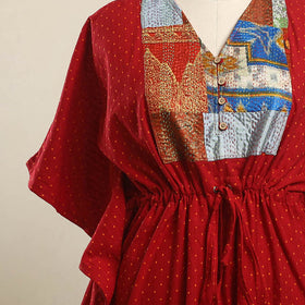 Buy Red Jacquard Kantha Mosaic Fusion Cotton Kaftan