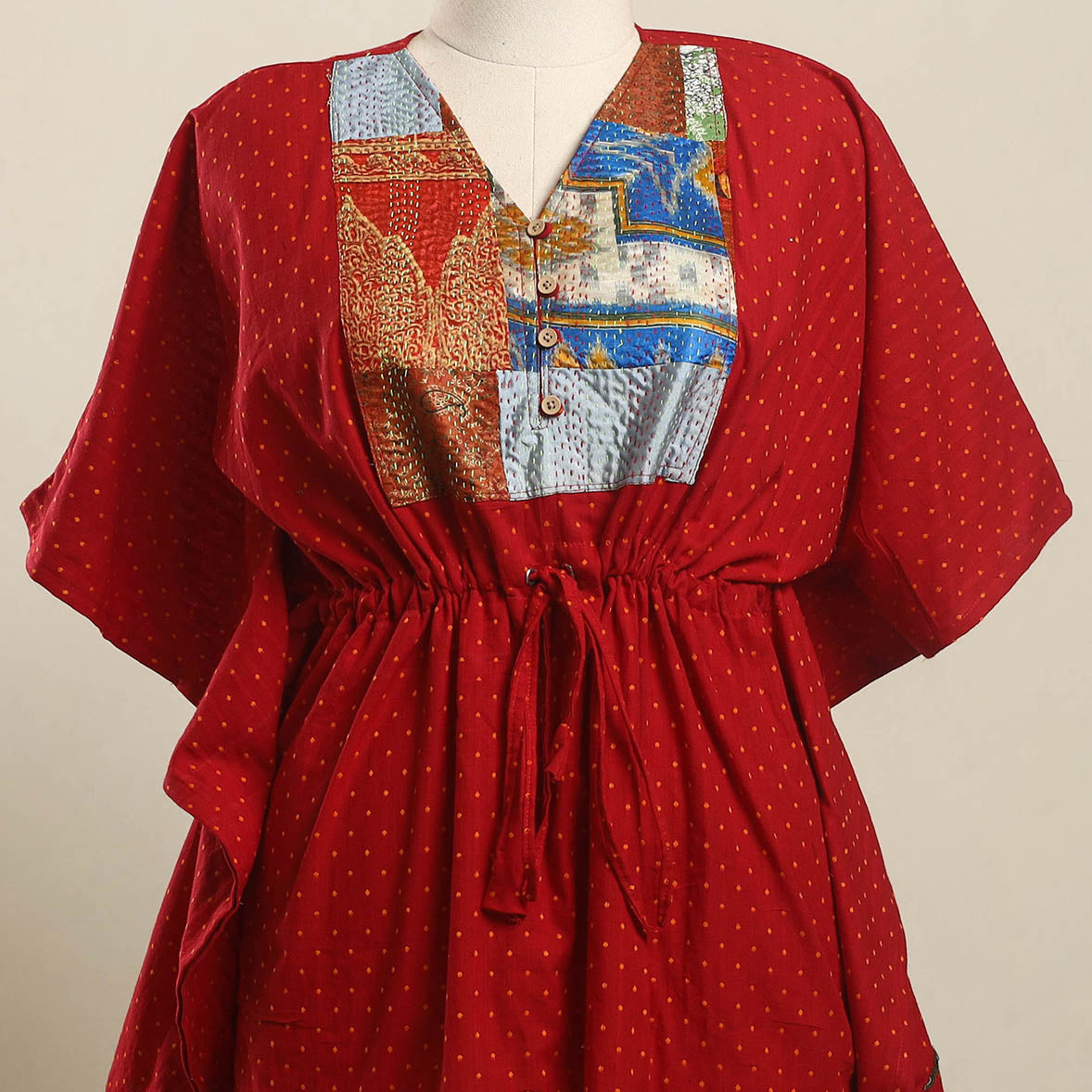 Buy Red Jacquard Kantha Mosaic Fusion Cotton Kaftan