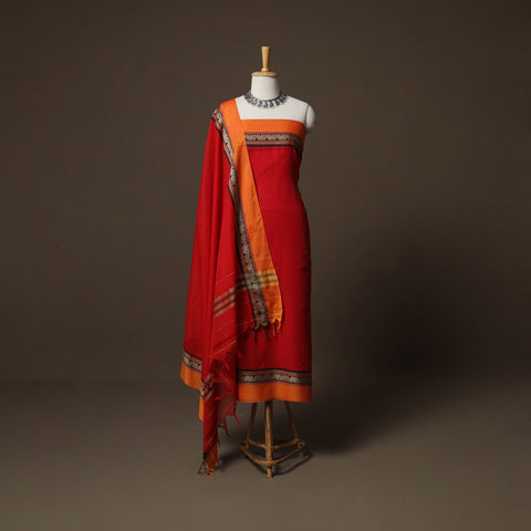 Red - Dharwad Mercerised Cotton 3pc Unstitched Dress Material Suit Set with Woven Border 34